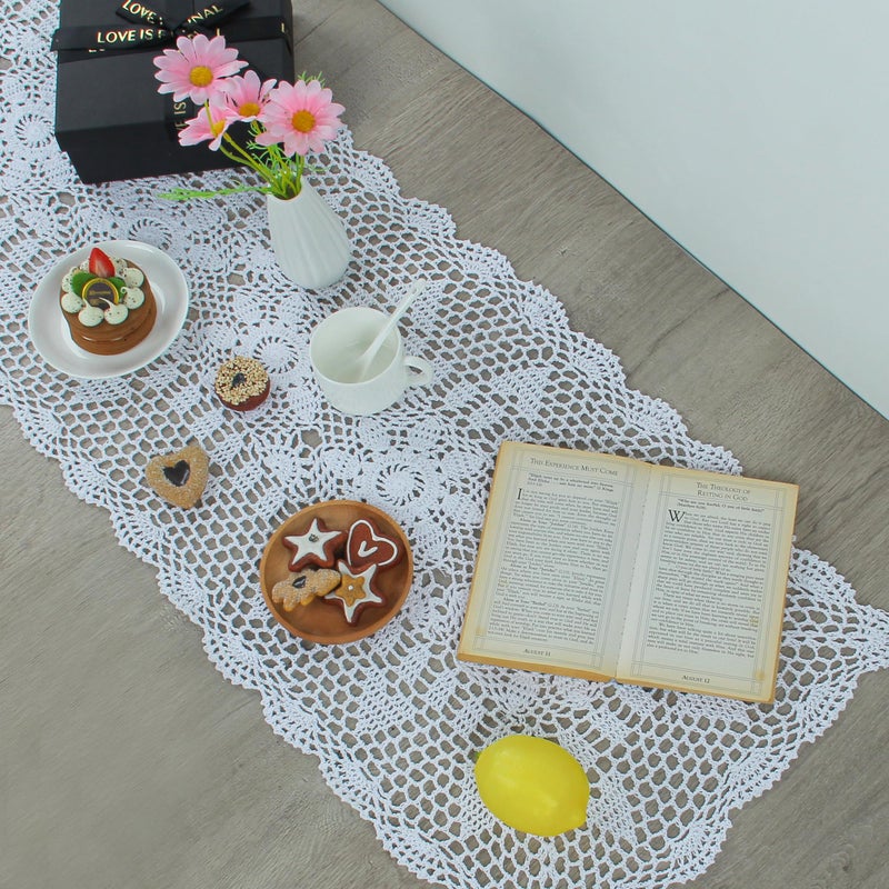 kilofly Handmade Crochet Lace Rectangular Table Runner 15 x 51 Inch, White - Image 4